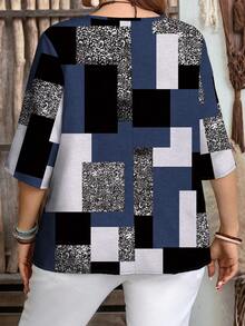 EMERY ROSE Plus Size Casual Geometric Block Colorblock Pattern Shirt, Suitable For Autumn/Summer - Multicolor - View 2