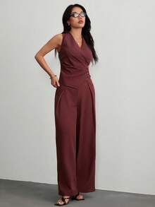 SHEIN PETITE 夏季优雅通勤纯色背心和裤子套装 - 酒紅色 - 查看 6