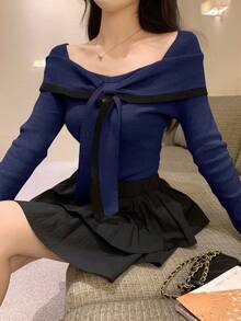 DAZY Maglione elegante da donna con fiocco e colore a contrasto, spalle scoperte, maniche lunghe, adatto per autunno/inverno - Blu Navy - Visualizzare 2