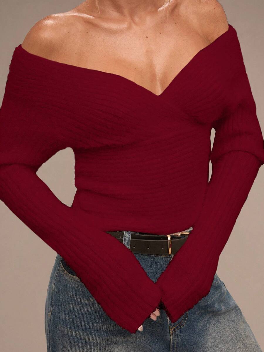 SHEIN BAE 女士优雅纯色修身长袖毛衣，秋冬季，红色上衣，情人节 - 酒紅色 - 查看 1