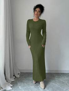 Rafferiza Váy dệt kim dài tay cổ tròn màu trơn dành cho nữ, thu/đông - xanh quân đội - Xem 5