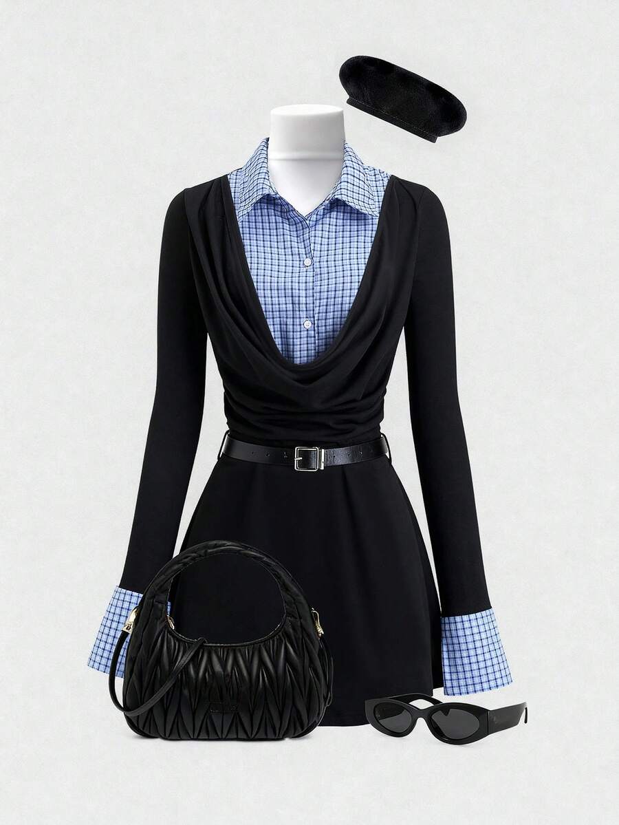 Sweetra Vestido de mujer de ajuste ceñido con cintura fruncida, estilo patchwork a cuadros de estilo americano - Multicolor - Ver 1