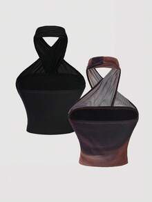 SHEIN MOD 2pcs Women's Criss-Cross Halter Neck Ruched Waist Fashionable Tops, Fall/Winter, Women's Costume ,Casual For Women, Clothes Women, ,Thanksgiving Winter ,Party Top, Christmas - Multicolor - View 2