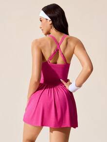 CourtClass Váy hở lưng xếp ly lưng thun co giãn cho nữ kèm quần short, váy tennis thể thao thường ngày để mặc hàng ngày - Màu Hồng Tươi - Xem 2