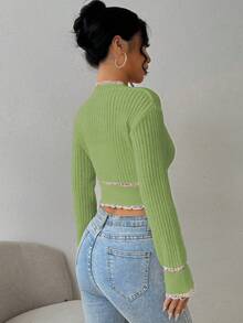 SHEIN Unity Women's Elegant Contrast Trim Cropped Cardigan - Green - View 2