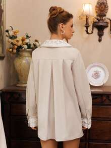 Glamine Charm Lace Patchwork Elegant Double-Breasted Vintage Fashionable Shoulder Midi Jacket, Suitable For Autumn/Winter - Apricot - View 2