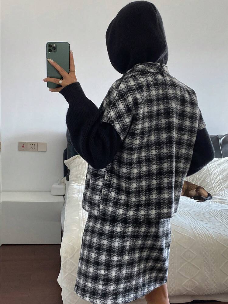 Vintage Plaid Loose Sleeveless Vest Jacket, Tie Neck A-Line Knee-Length Skirt, Casual Elegant Women 2 Pieces Set, Autumn/Winter