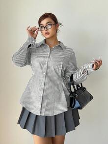 POPSWAY 美人鱼风格条纹腰部系带编织长袖休闲衬衫，宽松版型，适合学生、工作、校园，基本加大码 - 彩色 - 查看 6