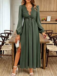 EMERY ROSE Vestido de mujer con parches de encaje floral verde