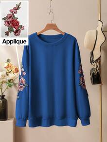 Lacomfia Casual Solid Color Round Neck Patch Sleeve Loose Regular Sweatshirt, Plus Size, Spring/Autumn - Blue - View 1
