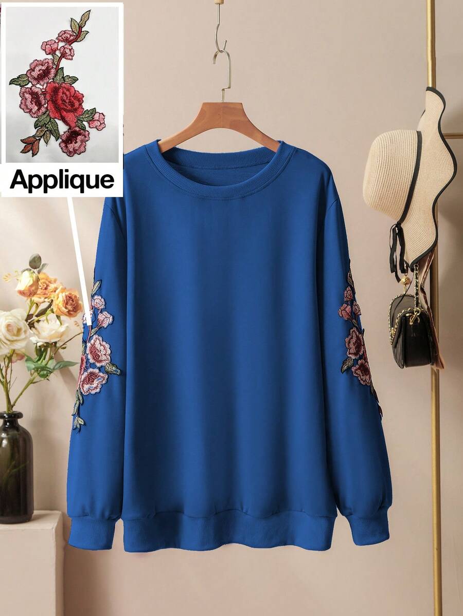 Lacomfia Casual Solid Color Round Neck Patch Sleeve Loose Regular Sweatshirt, Plus Size, Spring/Autumn - Blue - View 1