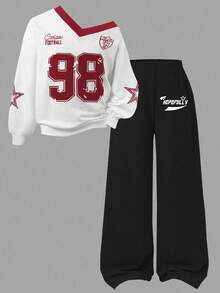 Sparklyn 2pcs/Set Girls Casual Fashion Street Style Numeric & English Letter Star Pattern V-Neck Loose Long Sleeve Top And Wide Leg Sweatpants Sports Suit, Daily Wear - Multicolor - View 3