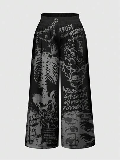 Grunge Punk Plus Size Gothic Punk Skeleton Bone Dark Horror Mysterious Chain Eye Spider Web Print Loose Wide Leg Pants