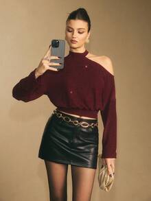 Poéselle 女士优雅腰部收腰斜肩长袖上衣，秋季 - 紅色 - 查看 1