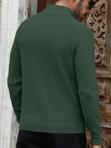 Manfinity Bizformal 男士纯色半拉链长袖休闲针织套头衫 - 軍綠色 - 查看 2