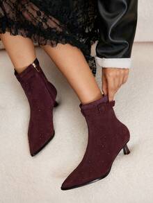 Daringsoles Women's Buckle Design Pointed Toe Fashion Daily Wear High Heel Mid-Calf Boots - Purple - View 3