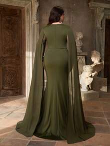 Aureia Vestido de Festa Elegante e Deslumbrante Verde com Stretch para Outono e Inverno, Tweed com Recortes em Chiffon, Gola Assimétrica Plissada, Mangas Longas, Bordado de Computador e Aplicação de Strass, Bainha Sereia com Cauda, Adequado para Jantar, Despedida de Solteira, Encontro, Festa, Feriado, Aniversário, Casamento e Evento Noturno - Verde Militar - Visão 8
