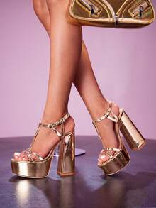 CUCCOO LuxiPop 女士户外圆头粗高跟防水台凉鞋，金色 PU 材质，时尚简约舒适，适合日常、派对、宴会，踝带露趾 - 金色 - 查看 11