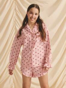 少女心形印花纽扣前开长袖衬衫和荷叶边下摆短裤套装 - 粉色 - 查看 6