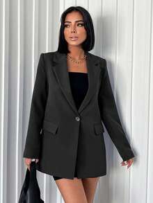 EURMUSE Women's Solid Color Notched Collar Single-Breasted Blazer, Suitable For Commuting In Autumn - Dark Grey - View 3