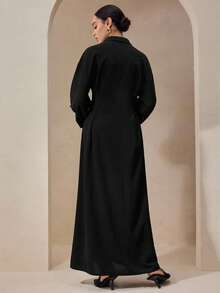 Graceveil Elegant Pleated Waist Floral Decor Long Shirt Dress, Suitable For Party And Commute, Autumn/Winter - Black - View 2