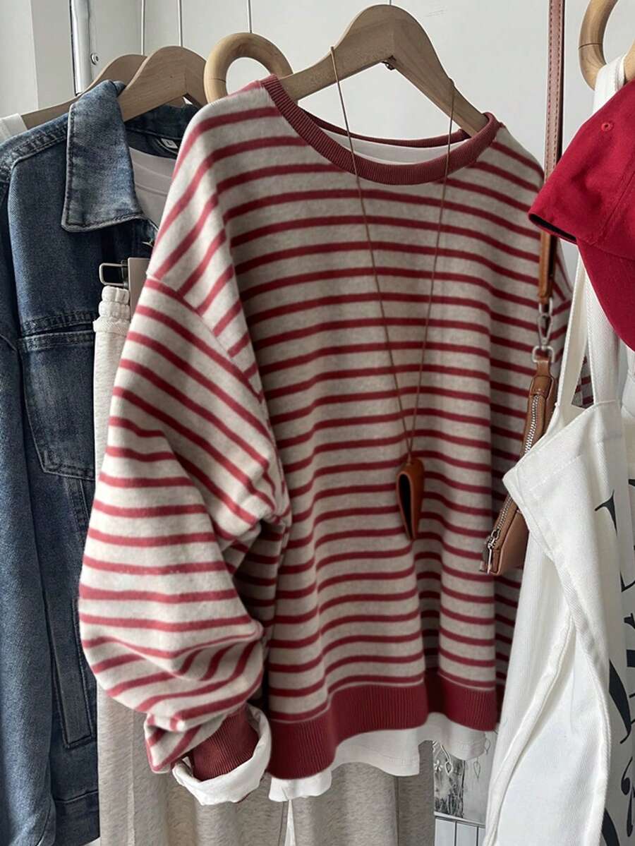青少年女孩休闲条纹圆领运动衫,宽松版型,适合秋冬穿着,可穿着去上学、购物、运动等场合 - 彩色 - 查看 1