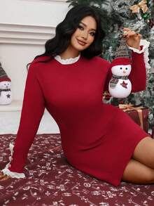 Elenzga Christmas 1pc Women Plus Size Lace Patchwork Asymmetrical Collar & Metal Button Decor Long Sleeve Elegant Fitted Sweater Dress - Red - View 8