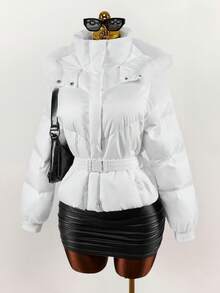 Amplova Women's White Winter Puffer Jacket With Belt,Elegant Casual Hooded Solid Color Long Sleeve Jacket For Thanksgiving,New Year Occasion Clothes - Multicolor - View 4