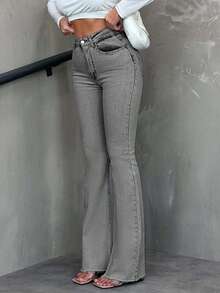 SHEIN Tall Casual Washed High Waist Slim Fit Flare Jeans - Grey - View 1