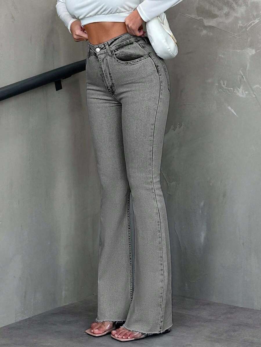 SHEIN Tall Casual Washed High Waist Slim Fit Flare Jeans - Grey - View 1