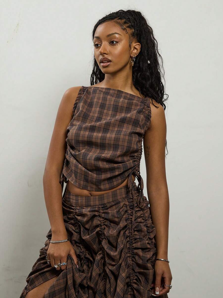 COUREZ Ruched Tank Top, Y2K Fall Winter Going Out Top Party Top Brown Top New Year Sexy - Mocha Brown - View 1