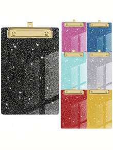 1pc Sparkling Glitter Acrylic Clipboard - PMMA Material, 6 Vibrant Colors (Blue, Pink, Green, Purple, Yellow, White) With Metallic Edges & Sparkling Glitter - Compact Portable Design For Classroom, Office, School, Notebooks & Journals - Multicolor - View 3