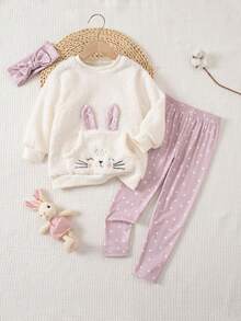 2 件套少女蓬松圆领柔软兔耳刺绣心形图案长袖上衣和裤子睡衣套装，可爱又有趣的家居服，秋冬 - 彩色 - 查看 3