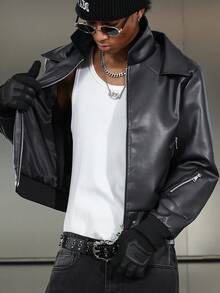 Manfinity EMRG 男士长袖皮夹克，街头风百搭复古美式休闲夹克，拉链设计情侣款，秋冬皮夹克，飞行员夹克，黑色夹克，Y2K夹克，短款夹克，街头风夹克 - 灰色 - 查看 7