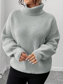 Elenzga 大码女式休闲日常通勤简约纯色高领落肩宽松套头毛衣，秋冬 - 淺灰色 - 查看 5