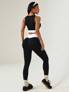 Dewbera Set sport fără cusături pentru femei, cu maiou scurt și colanți, în culori contrastante - Alb-negru - Vizualizare 2