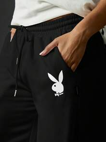 Missguided x Playboy MISSGUIDED Wide Leg Joggers With Drawstring Waist And Logo Detail For Casual Loungewear