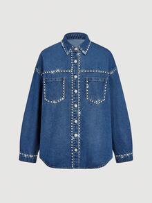 Selenza Women's Drop Shoulder Long Sleeve Single-Breasted Casual Pocket Denim Studded Shirt - Blue - View 3