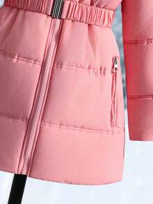 Abrigo acolchado con capucha y cuello de piel para niñas, con cinturón elástico en la cintura, bolsillos y diseño con cremallera, corte holgado, cómodo para otoño/invierno, adecuado para uso diario, ir al trabajo, actividades al aire libre, fiestas y sesiones de fotos - Rosa - Ver 6