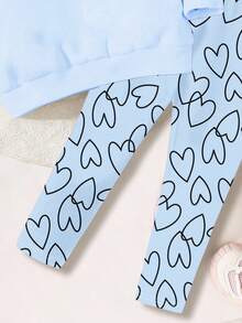 SHEIN 兒童 2件組女孩休閒寬鬆愛心圖案圓領長袖冬季運動衫與內搭褲套裝，秋季，親子套裝 - 彩色 - 查看 5