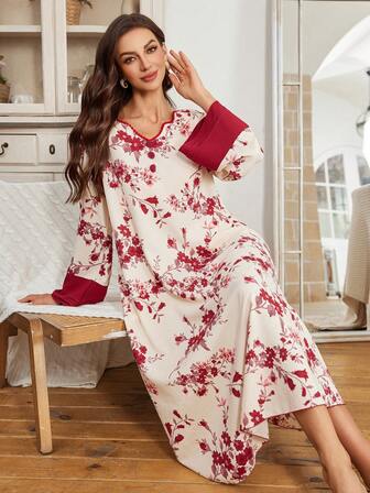 Serenescape 女士度假休闲撞色印花长袖睡裙，荷叶边下摆和绒球装饰，适合春秋季节和冬季穿着。