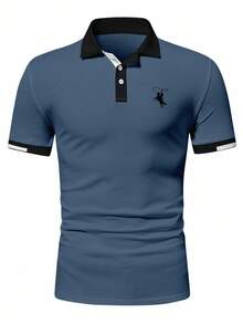Manfinity Homme Men's Short Sleeve Button Half Polo Shirt With Print,Blue And White,Summer,Casual,Golf Polo Cotton Tshirts For Men - Dusty Blue - View 3
