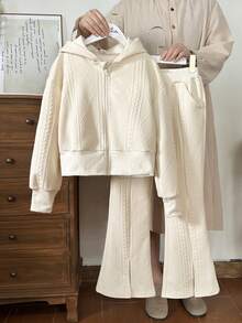 SHEIN Vintaside Kids 2pcs/Set Tween GirlsSpring/Autumn Long Sleeve Hooded Jacket + Matching Pants Suit, Fashionable Casual Outfit For Daily Wear - Khaki - View 4