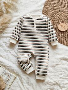 Vintaside Kids 1pc Striped Soft Fleece Jumpsuit For Baby Boys, Cute Casual Style, Suitable For Outdoor Play, Vacation And Daily Wear In Autumn/Winter, Red Baby Jumpsuit - Apricot - View 1