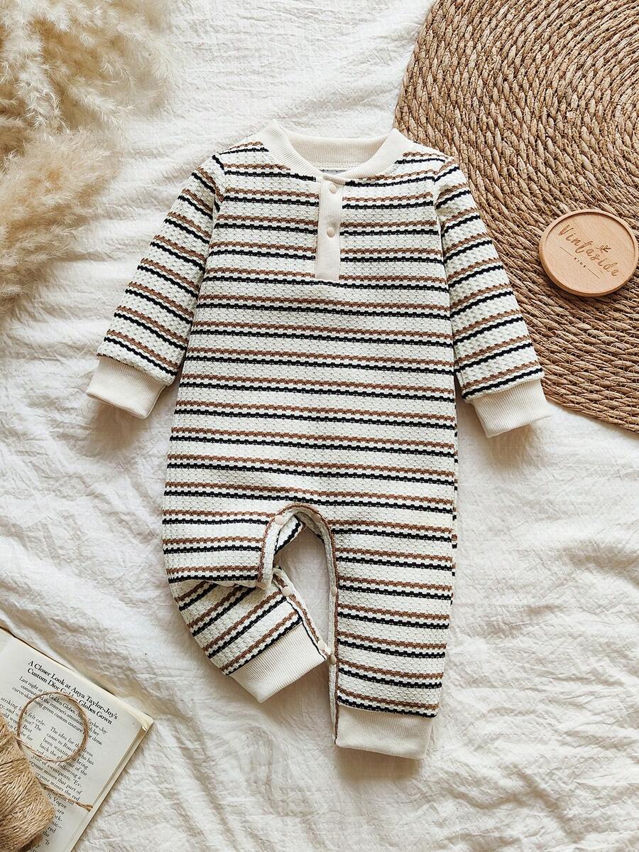 Vintaside Kids 1pc Striped Soft Fleece Jumpsuit For Baby Boys, Cute Casual Style, Suitable For Outdoor Play, Vacation And Daily Wear In Autumn/Winter, Red Baby Jumpsuit - Apricot - View 1