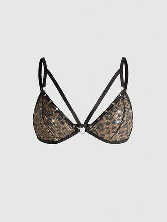 Grunge Punk Dark Punk Music Festival Leopard Print Sequin Studded Triangle Bralette