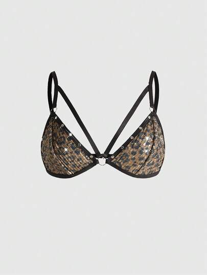Grunge Punk Dark Punk Music Festival Leopard Print Sequin Studded Triangle Bralette