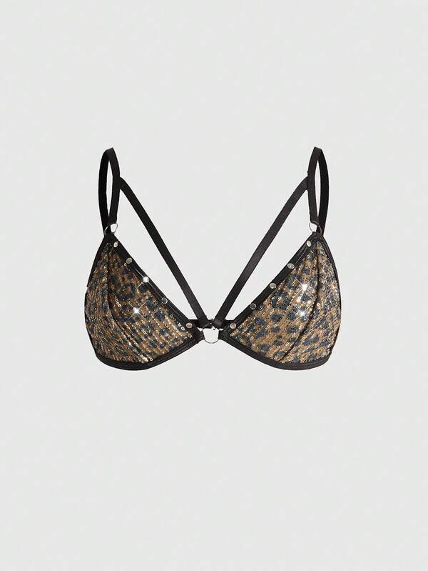 ROMWE Grunge Punk Sujetador triangular con lentejuelas, estampado de leopardo y tachuelas, estilo punk oscuro para festivales de música