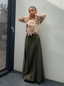 Jeta Ari Solid High Waist Maxi Skirt - Army Green - View 4