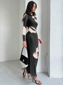 Aloruh Váy dự tiệc cocktail cổ thuyền tay dài in họa tiết lưới nhuộm sang trọng, thu/đông - Màu Khaki - Xem 8